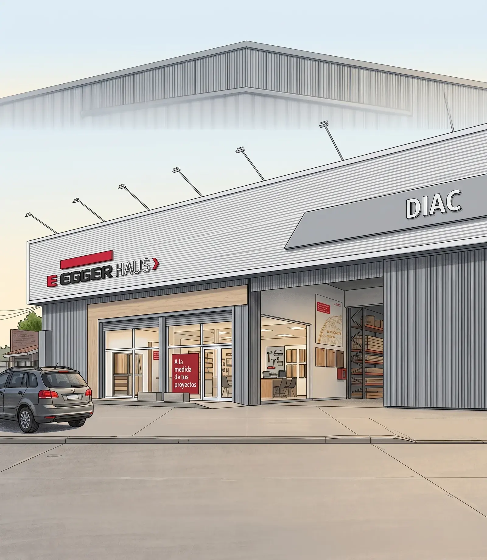 Ilustración del frente del local: una nave de chapa gris con el cartel de EGGER Haus sobre la entrada vidriada y el de DIAC a la derecha, el showroom iluminado con muestras de madera a la vista y el portón del depósito abierto al costado.